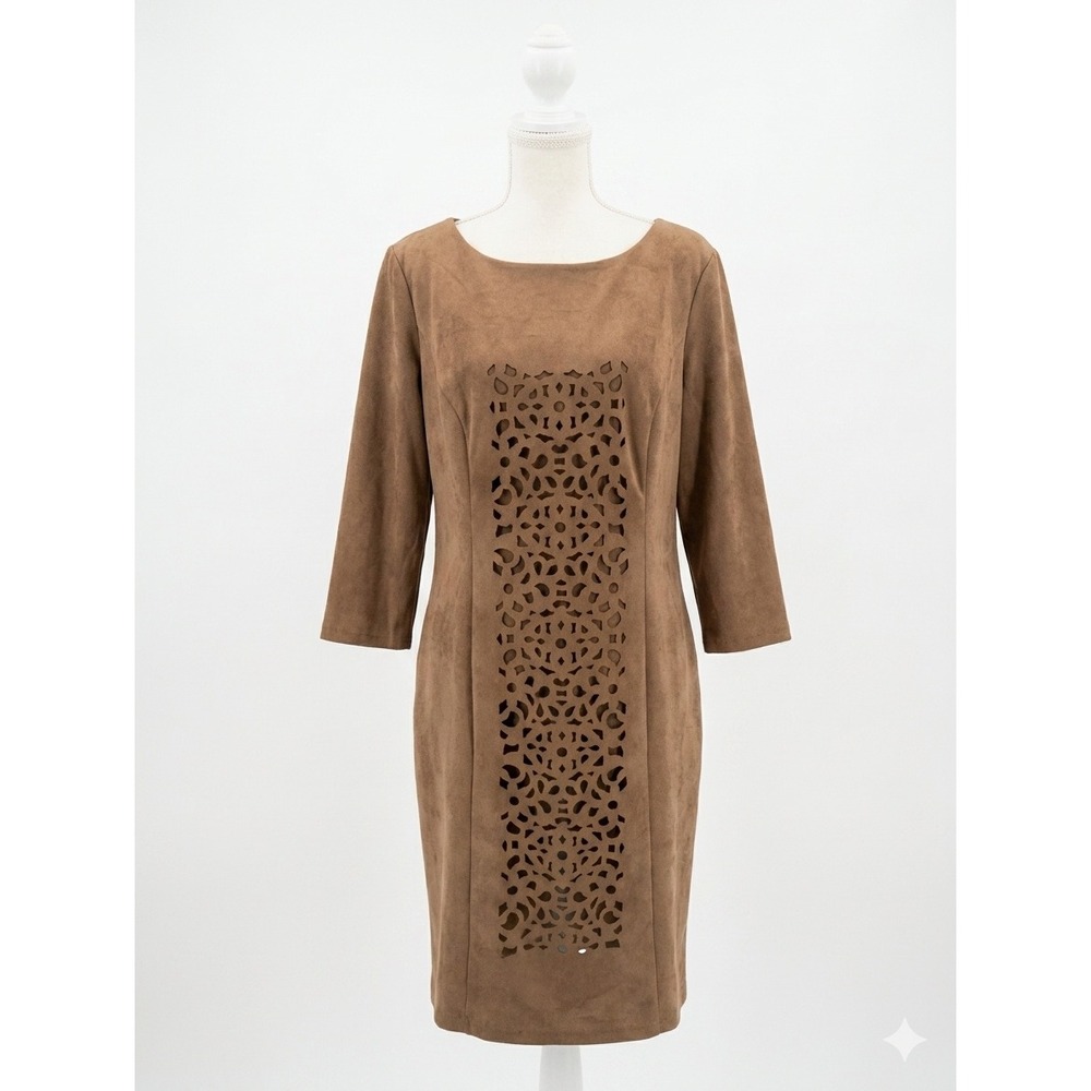 Tribal Perf Dress Caramel Faux Suede Laser Cut Sheath 98000-5797 Brown 12 NEW